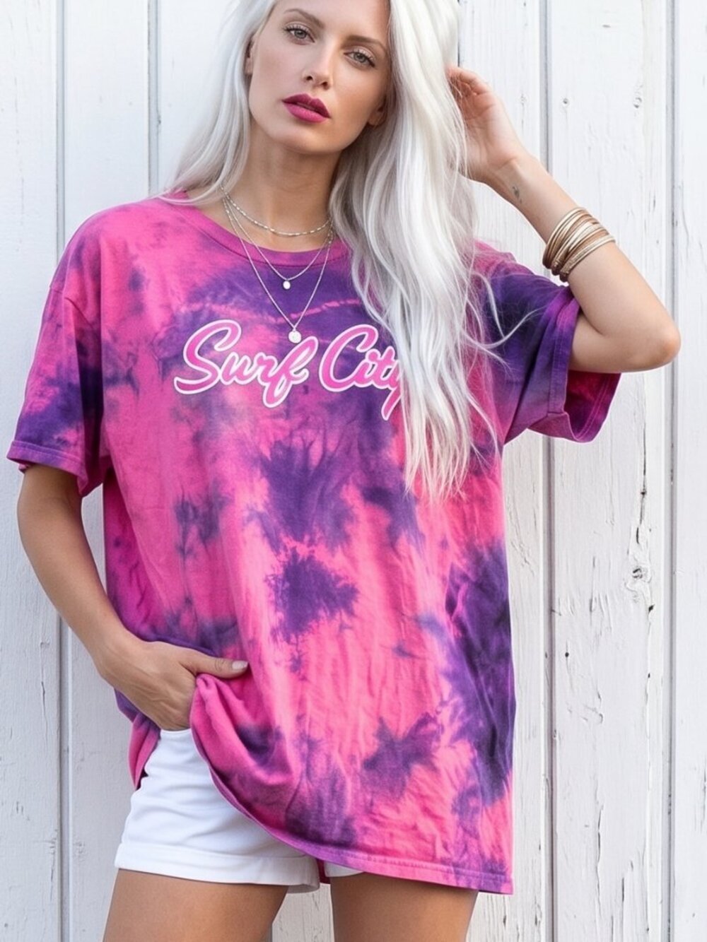 Mv sport Surf City Tie Dyed Tied Dye Pink Barbiecore Cotton Tee Shirt T-Shirt XL